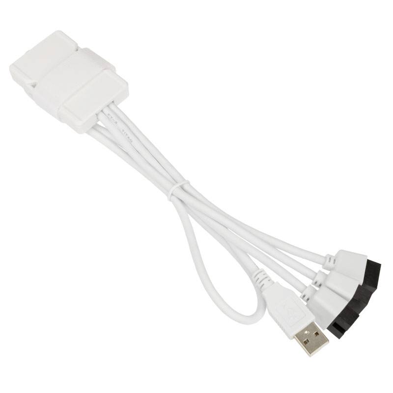 Bijeli USB-do-RGB kabel s četiri priključka, pogodan za spajanje i upravljanje LED svjetlosnim trakama pomoću računala.