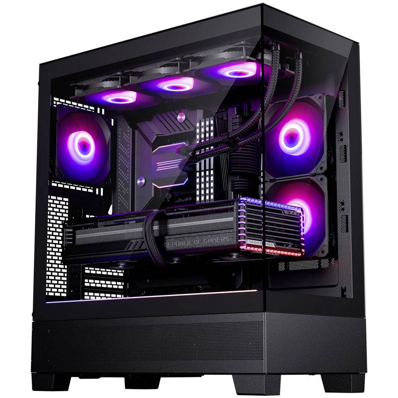 Gaming PC s prozirnim bočnim panelom; unutra svijetle ružičaste LED lampice na ventilatorima i rashladnom sustavu, crno-crvena hardverska oprema.