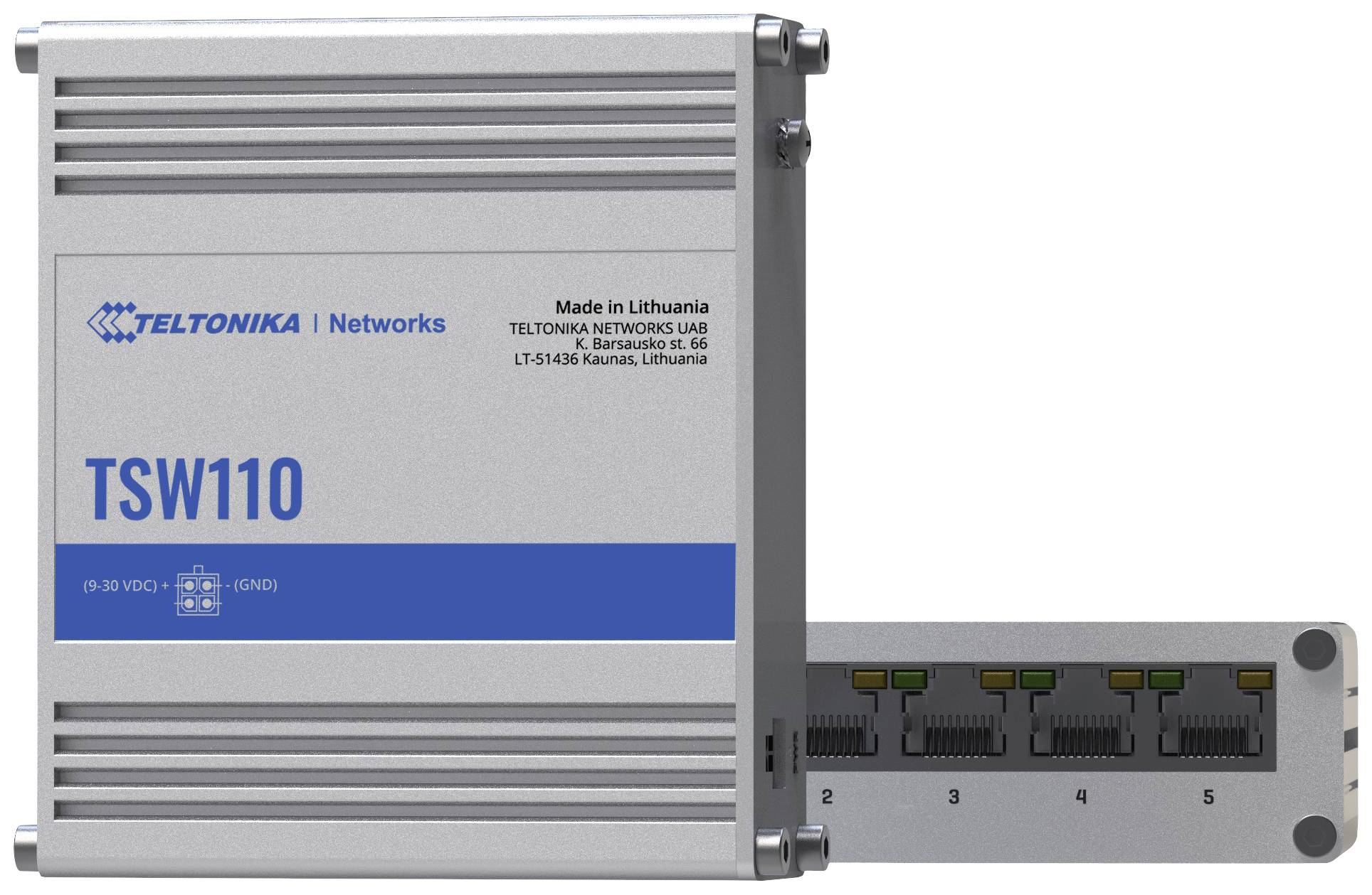 Modulski mrežni switch 'TSW110' od Teltonika, prikazuje prednju i stražnju stranu. Stražnja strana s pet RJ45 priključaka. Izrađen u Litvi.
