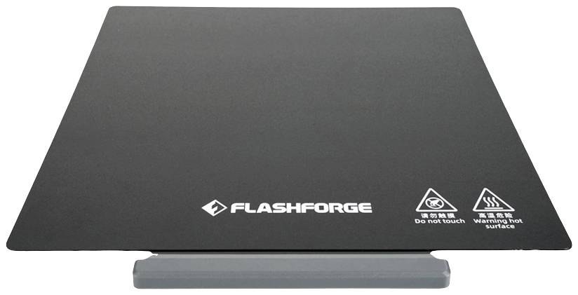 Crna tiskovna ploča za 3D printer FlashForge-a, s upozoravajućim simbolima za visoke temperature i uputama za upotrebu.