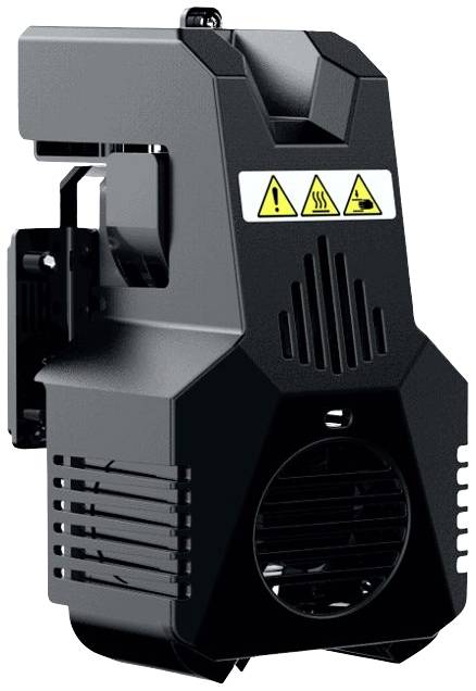 Crni uređaj za ventilaciju s warning simbolima za opasnost, visoku temperaturu i oprez. Sklopivi dizajn pogodan za montažu na zid.