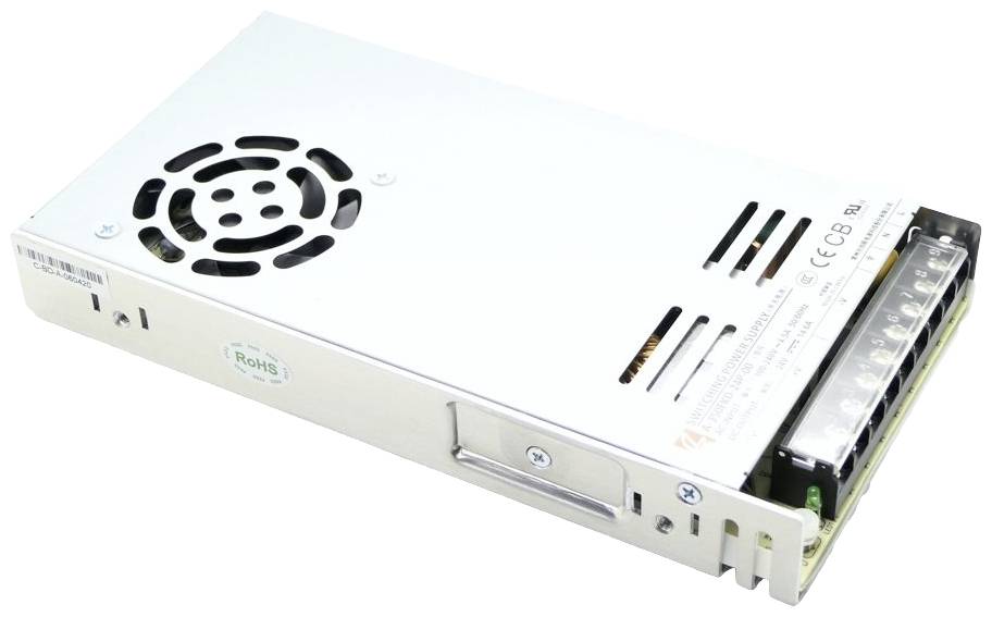 Ravna, pravokutna metalna naprava s ventilatorom i priključnim stezaljkama, pogodna za napajanje električne opreme.