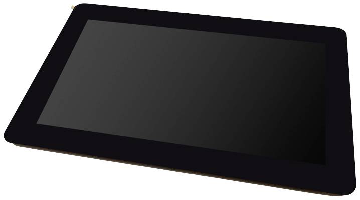 Crni tablet s isključenim zaslonom leži položen u kosoj perspektivi.