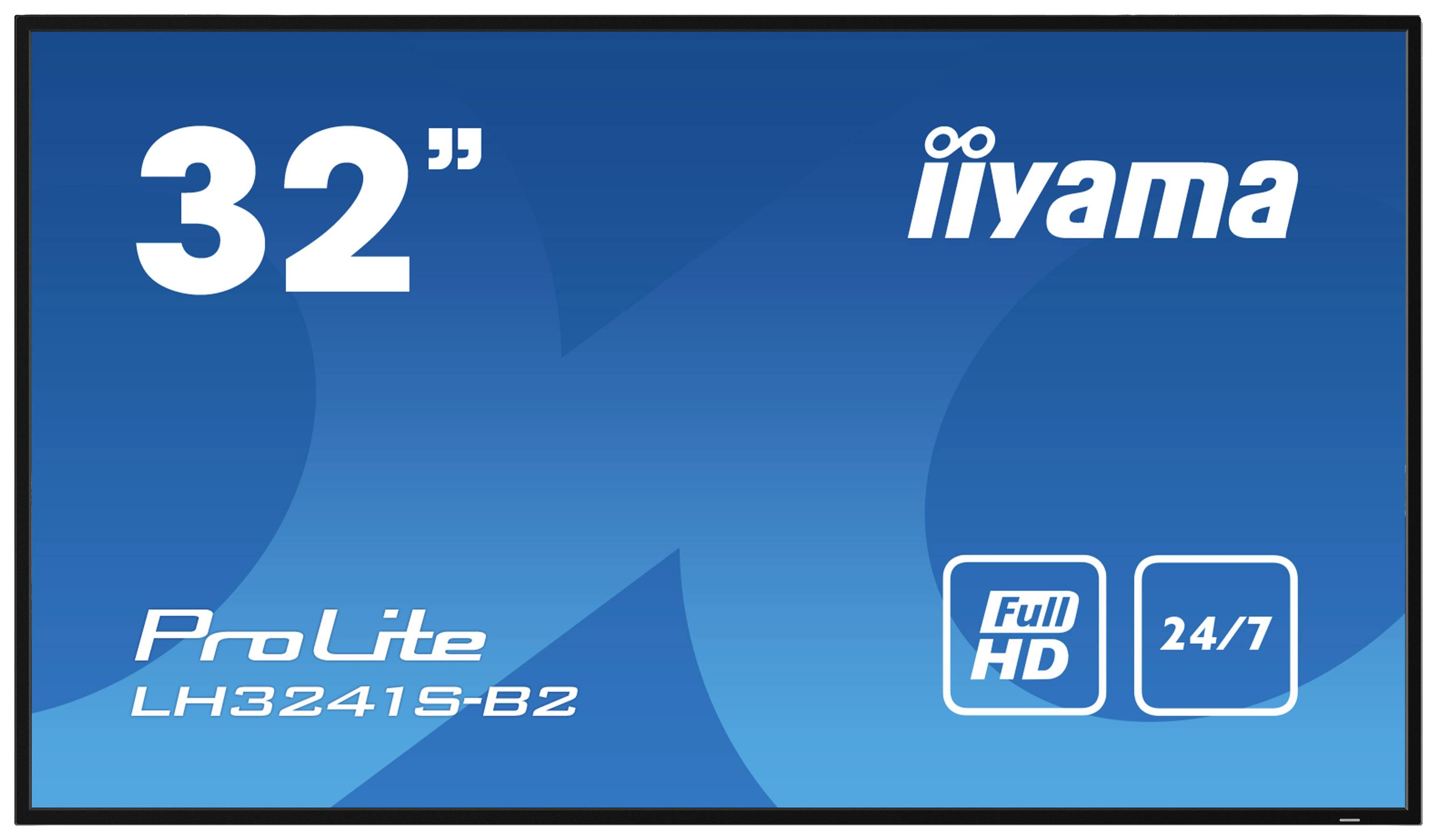 Plavi zaslon prikazuje natpis '32" - iiyama - ProLite LH3241S-B2 - Full HD - 24/7', s grafičkom pozadinom.
