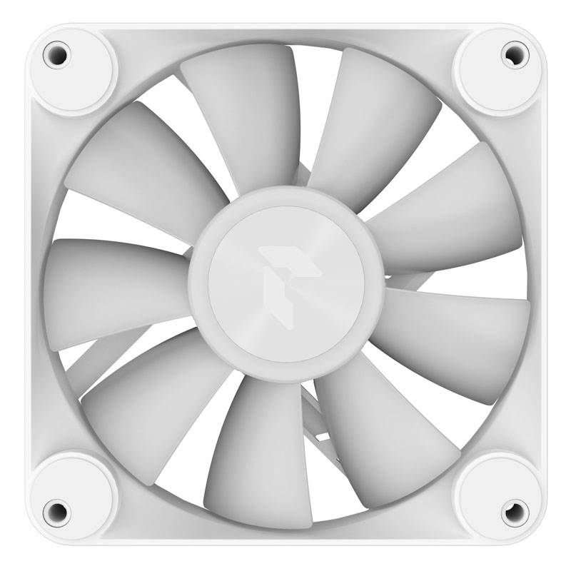 Bijeli ventilator s devet krila, montiran na kvadratnoj ploči, prikazuje logo u sredini.
