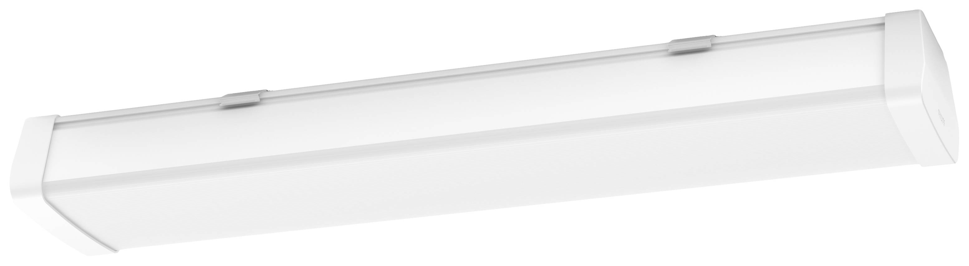 Bijela LED-svjetiljka u izduženom, pravokutnom obliku sa zaobljenim rubovima i nosačima na gornjoj strani.