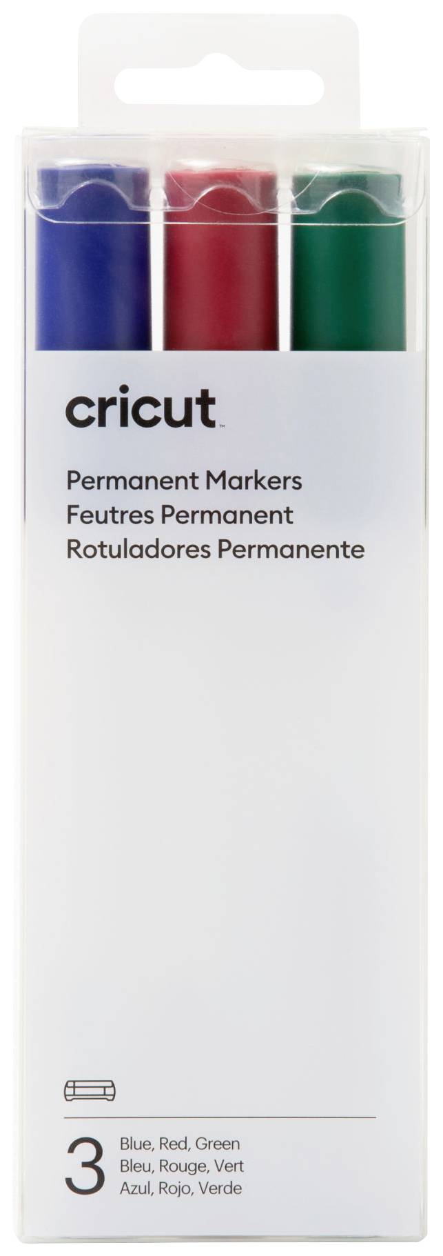 Tri trajna markera u plavoj, crvenoj i zelenoj boji u transparentnoj ambalaži marke Cricut.