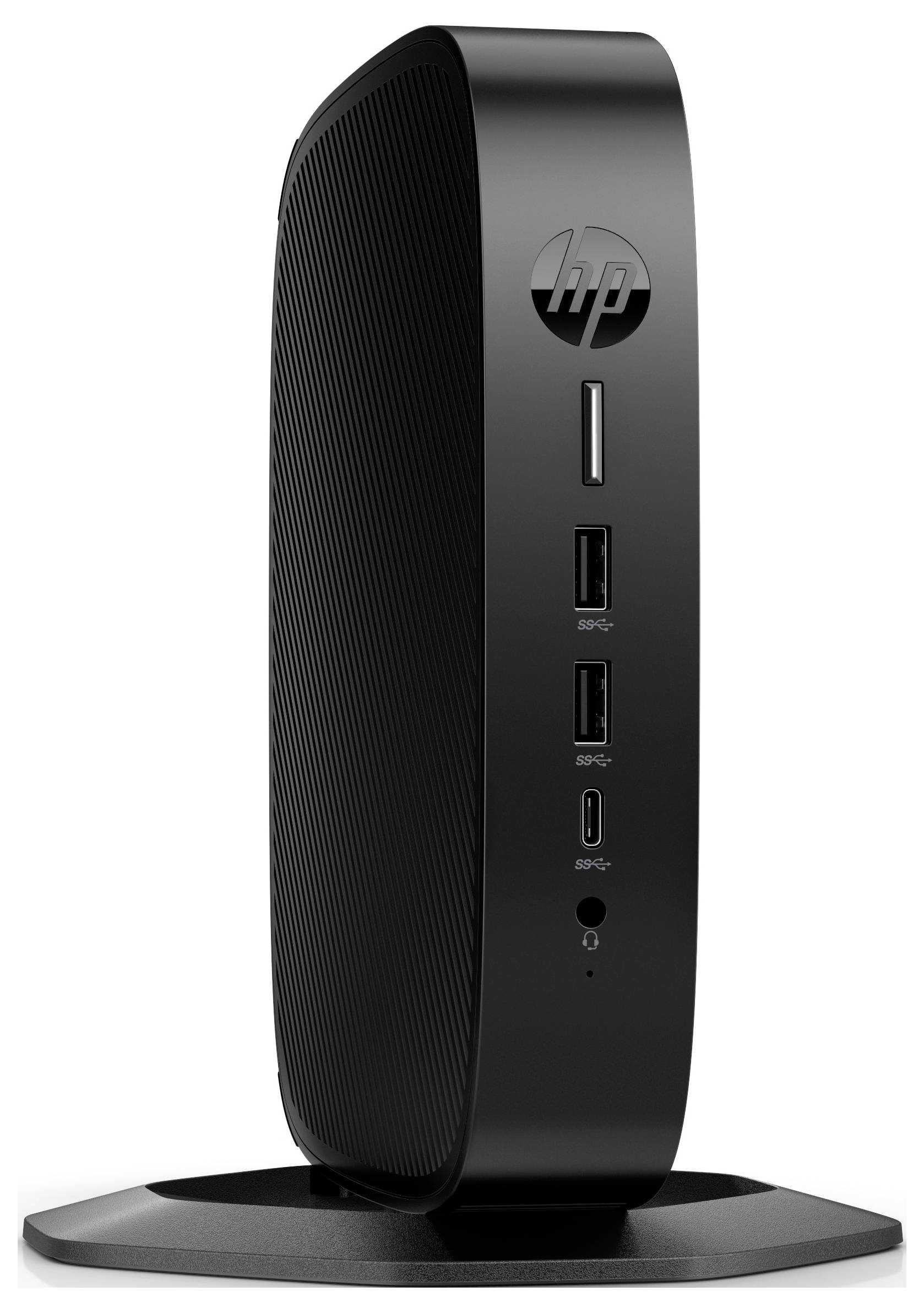 Crni HP tanki klijent s vertikalnom podom, dva USB priključka, USB-C priključkom i priključkom za slušalice na prednjoj strani.