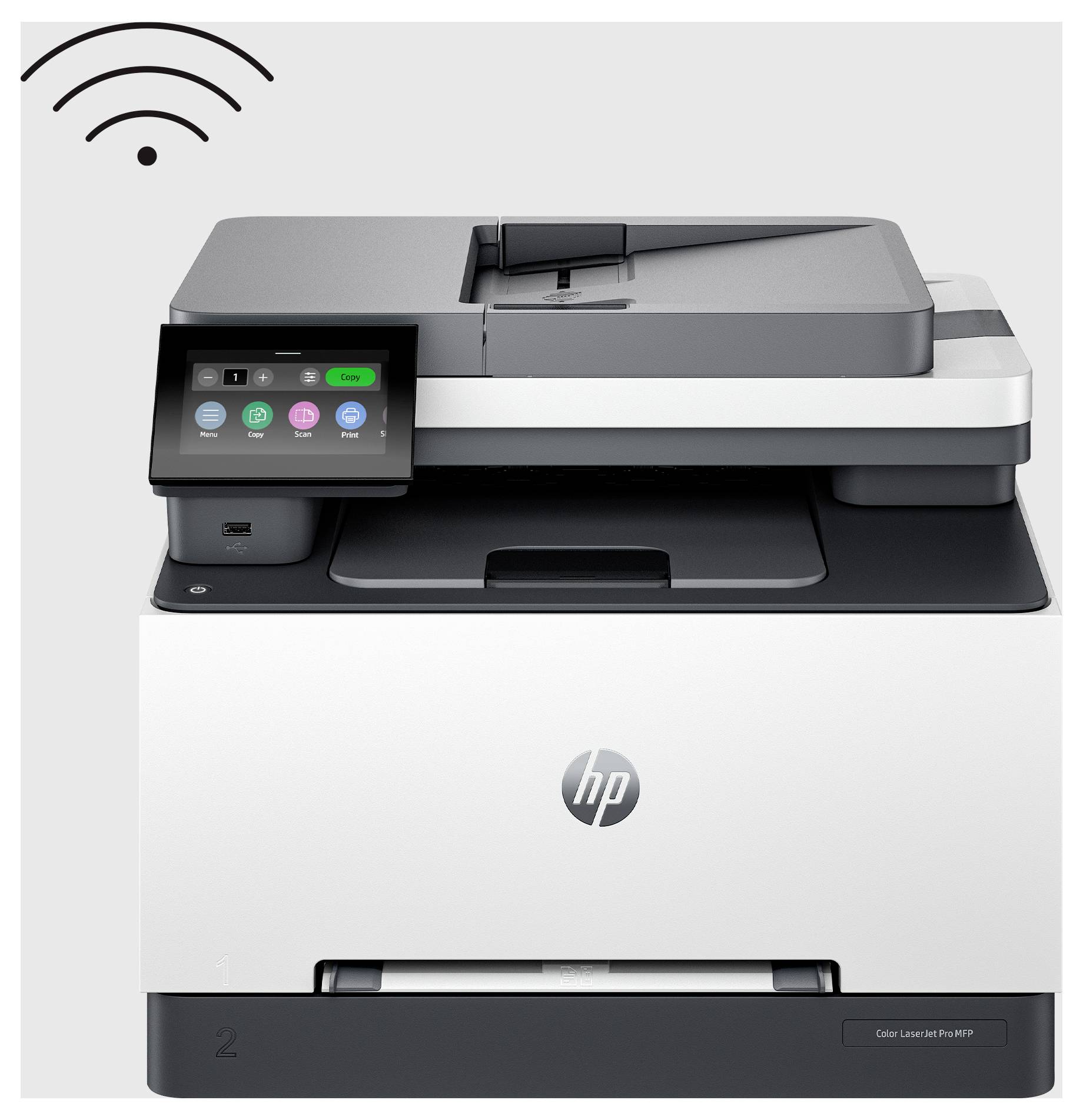 HP bežični all-in-one pisač sa ekranom osjetljivim na dodir i ladicom za papir, prikazan u frontalnom pogledu sa Wi-Fi simbolom koji označava bežičnu povezanost.