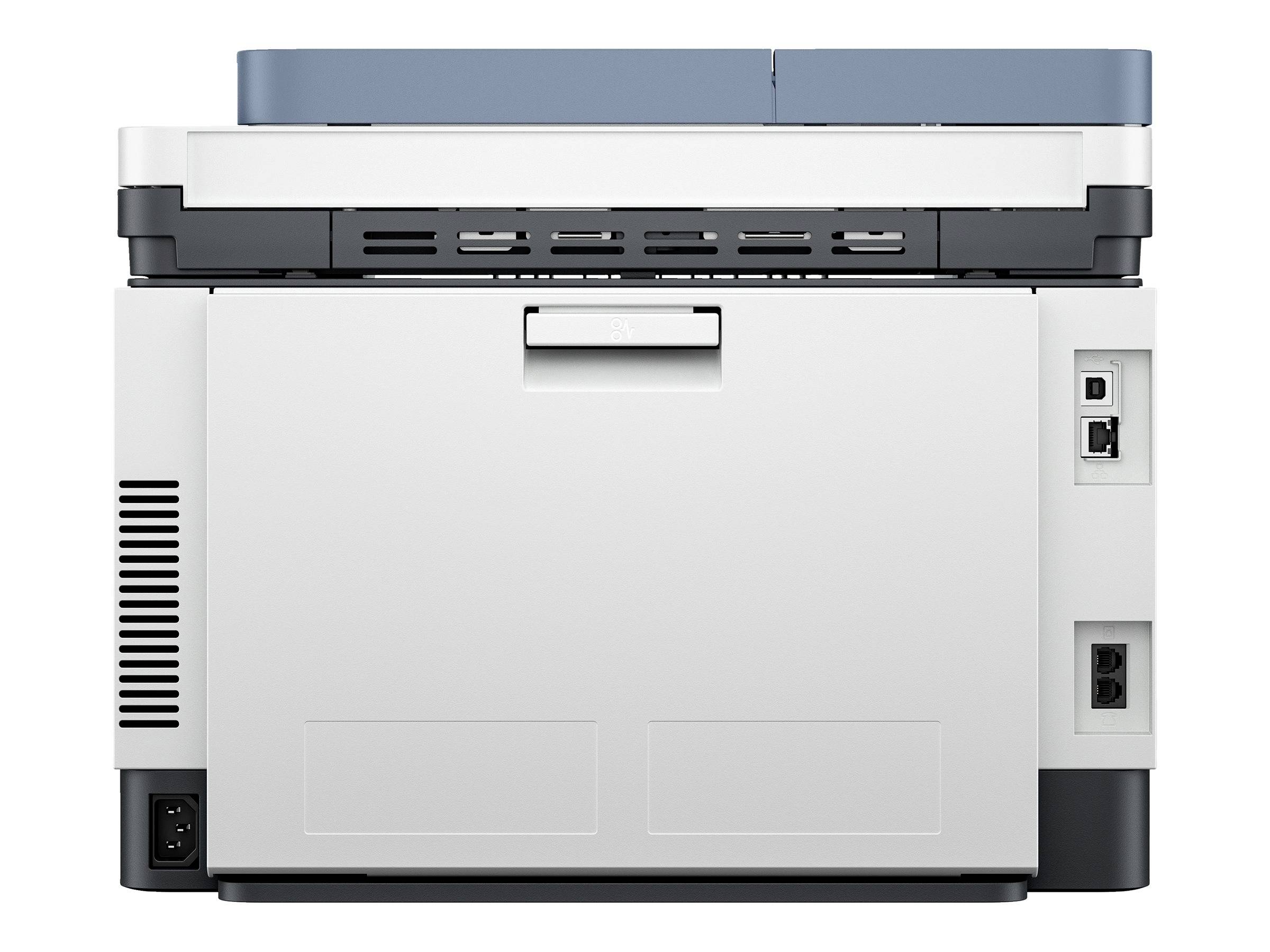 Višenamjenski pisač s pozadnje vidljivim sučeljima i mrežnim priključkom. Crna, siva i bijela kombinacija boja.