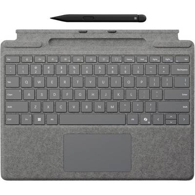 Tipkovnica Surface Pro s olovkom prikazuje potpuni QWERTY raspored tipki i touchpad, postavljena na teksturiranom sivom poklopcu.