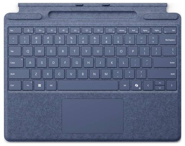 Odvojiva plava tipkovnica s dodirnom pločicom, dizajnirana za tablete, s standardnim QWERTY rasporedom i funkcijskim tipkama.