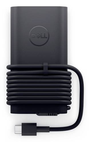 Crni Dell laptop punjač s namotanim kabelom i USB-C utikačem.