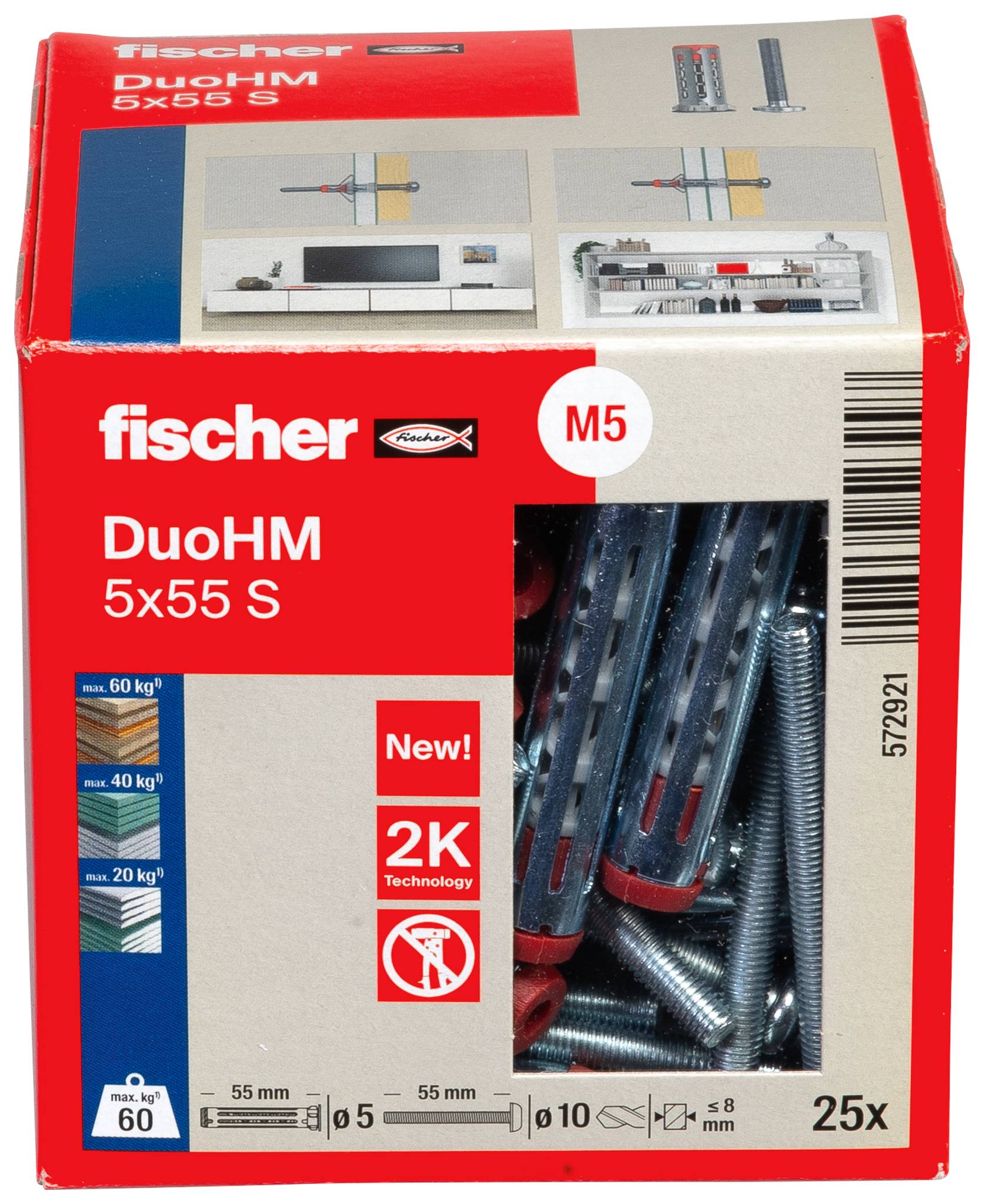 Paket fischer DuoHM 5x55 S M5 veznog materijala za zid, prikazuje prozirne čahure sidra i vijke, s brojem od 25 komada i nosivošću do 60 kg.