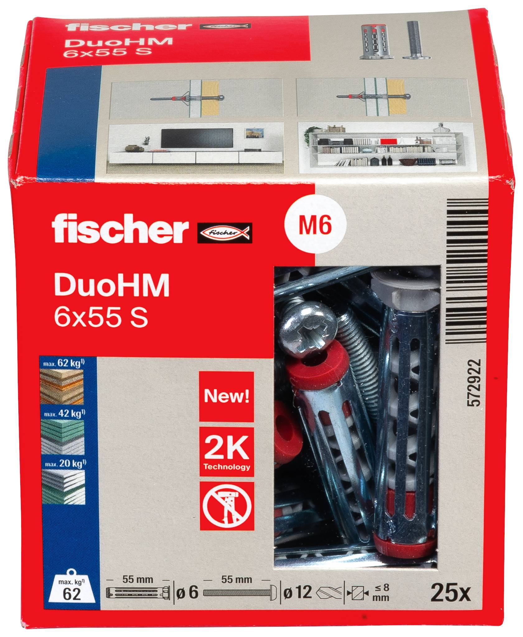 Kutija Fischer DuoHM 6x55 S M6 čeličnih sидних čepova, prikazujući presjek metalnih i crvenih plastičnih čepova s brojem komada od 25 te ocjene opterećenja.