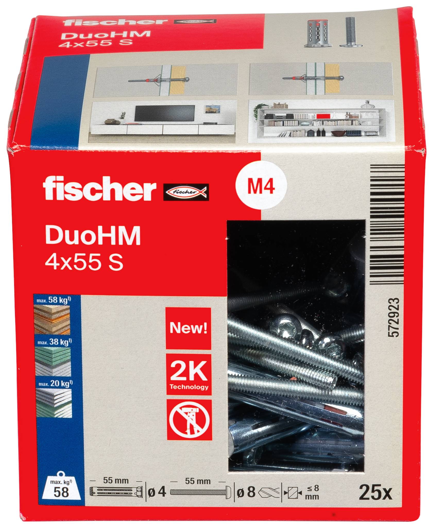 Paket Fischer DuoHM M4x55 S anker za zid, sa prikazom od 25 komada i prozirnim prozorom sa metalnim vijcima.