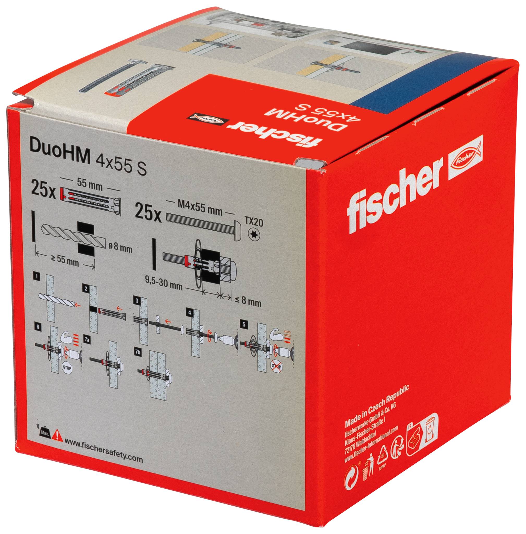 Kutija sidrenja za zid Red Fischer DuoHM 4x55 S koja prikazuje veličinu proizvoda, dijagrame bušenja i instalacije, te Fischer logotip.