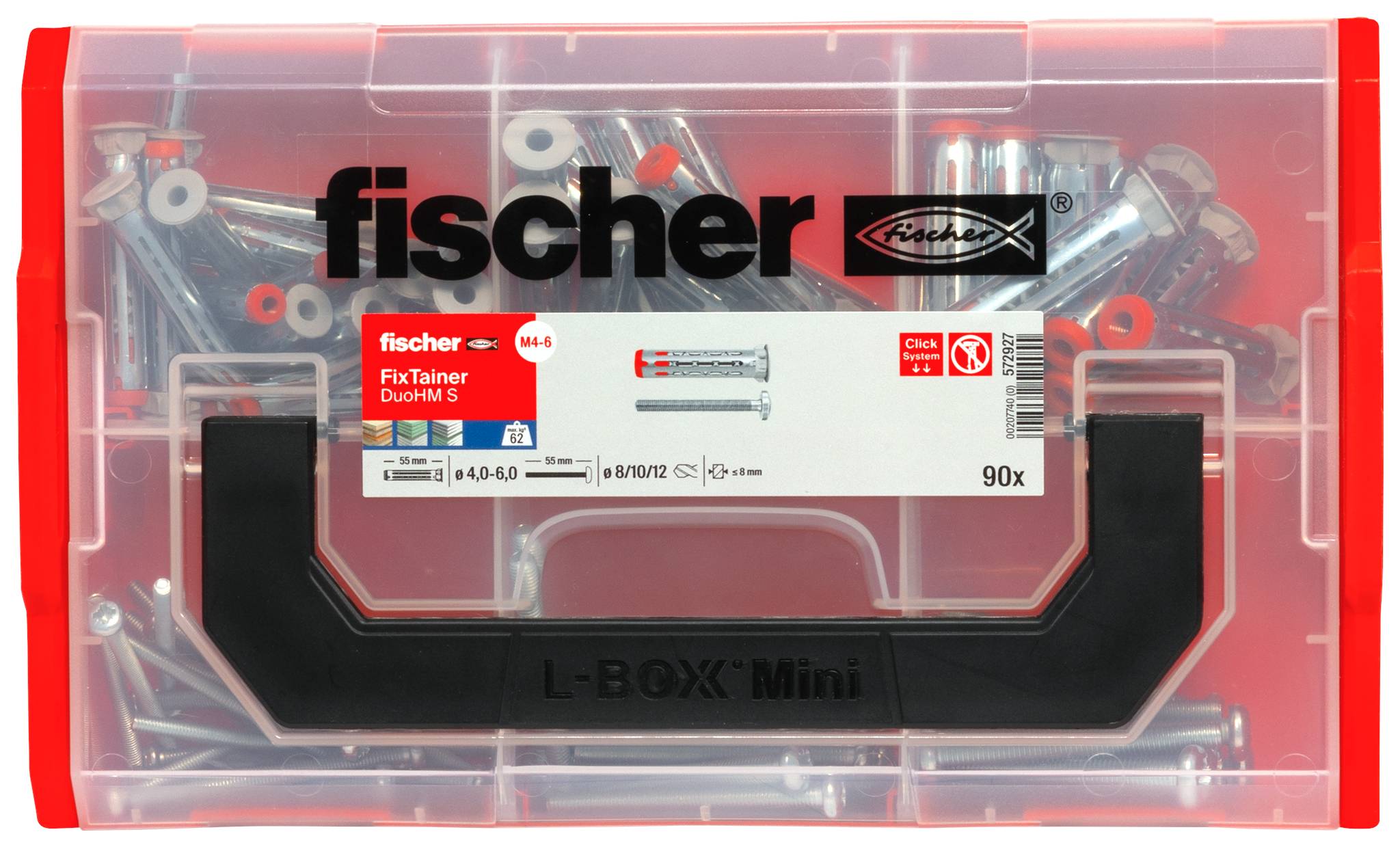 Asortiman Fischer Duopower klinova za zid u prozirnoj plastičnoj kutiji L-Boxx Mini, označen sa 'fixTainer DuoHM S' i '90x'.