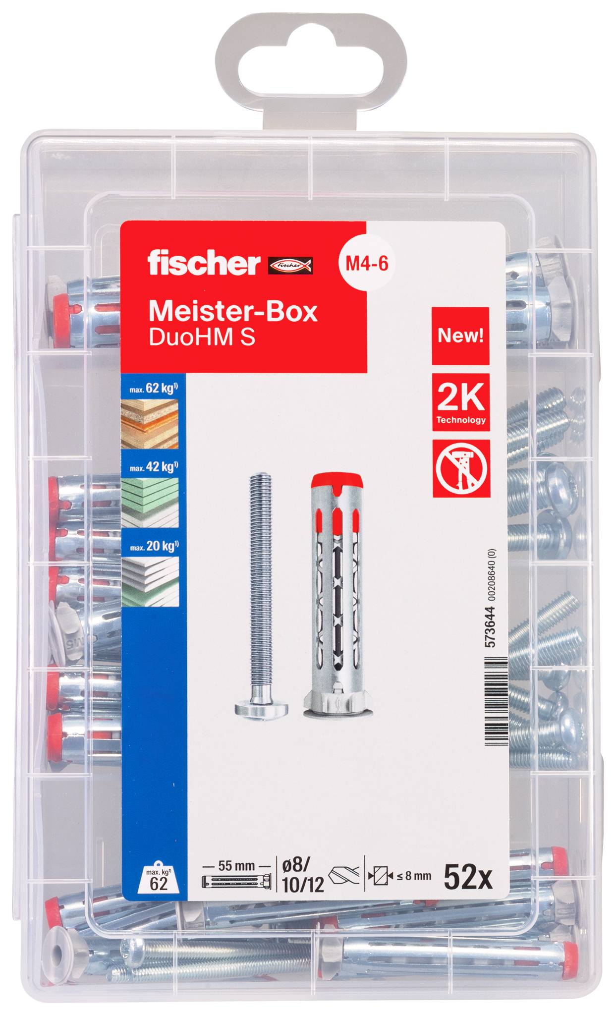 Kutija za vijke Fischer Meister-Box DuoHM S M4-6 od prozirne plastike sa 52 klinova i vijaka za montažu na zidove od opeke.