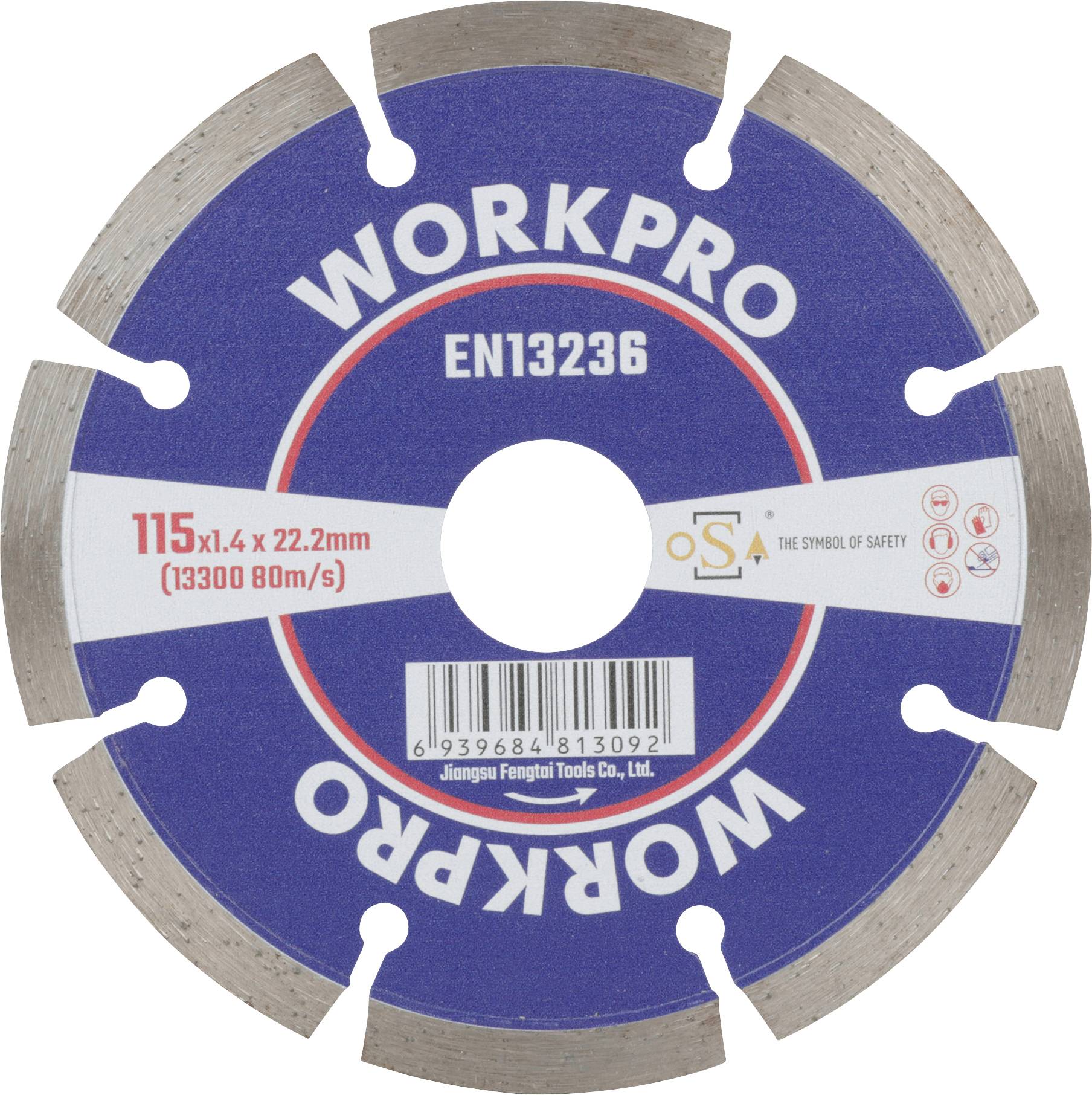 Srebreni i plavi rezni disk s natpisom 'WORKPRO EN13236'. Veličina: 115 x 1,4 x 22,2 mm, 13.300 okretaja u minuti.