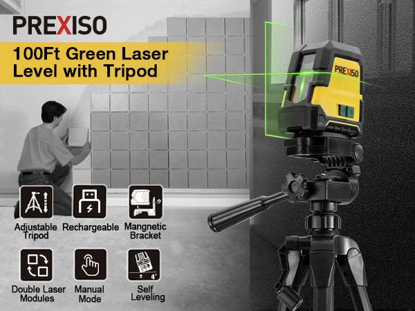 Zeleni laserski nivelir s postoljem tvrtke PREXISO koristi se u prostoriji. Funkcije: podesivi stativ, punjiv, magnetska držač.