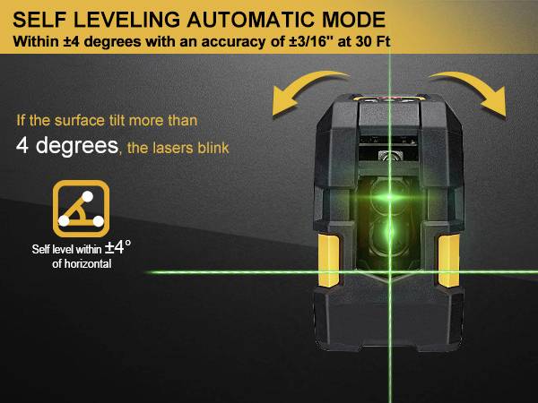 Laser-razina u automatskom načinu rada, automatski se izravnava pri nagibu do ±4°. Zeleni laseri prikazuju ravne linije.