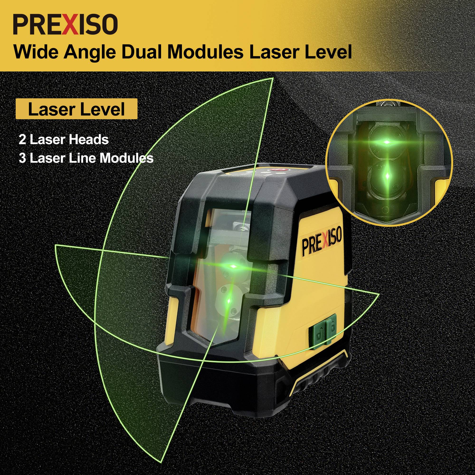 Wide-angle dual module laser level PREXISO prikazuje uređaj s dva laserska zraka. Tekst: 'Laserski nivelir, 2 laserske glave, 3 linijska modula'.