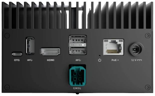 Stražnja strana uređaja s priključcima: USB-C, HDMI, dva USB-A porta, Ethernet priključak (PoE+), okrugli 12V ulaz za napajanje, GMSL priključak.