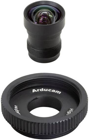 Fotoobjektiv i Arducam adapter. Objektiv je mali i okrugao, adapter nosi natpis 'Arducam High Q'.
