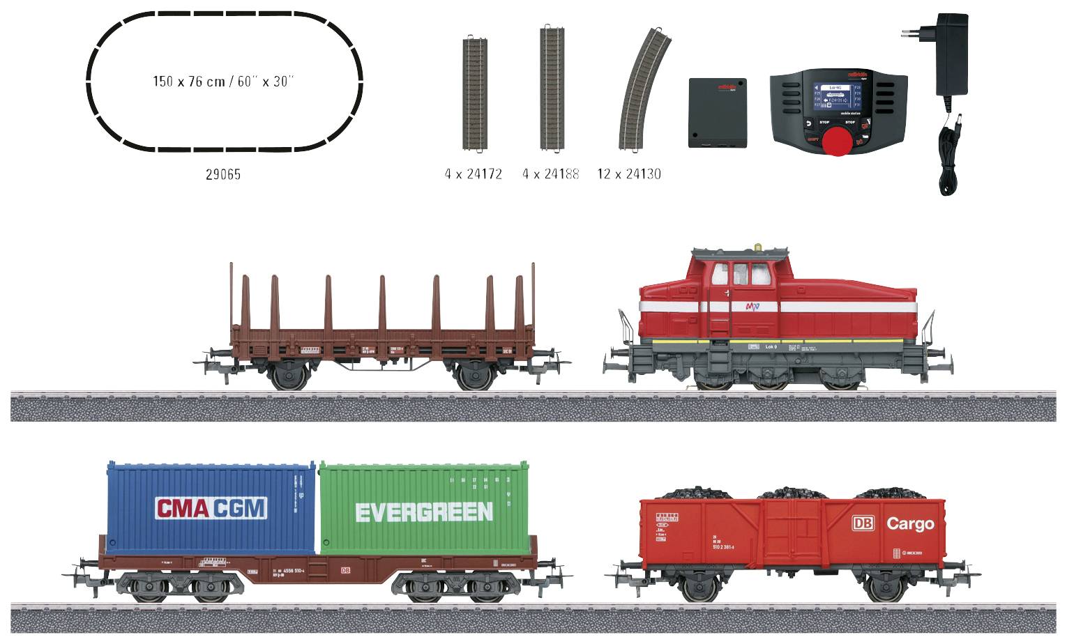 Model željezničkog seta s crvenom lokomotivom, teretnim vagonima, dijelovima tračnica i upravljačkom jedinicom. Uključuje kontejnere s oznakama 'CMA CGM' i 'Evergreen'.