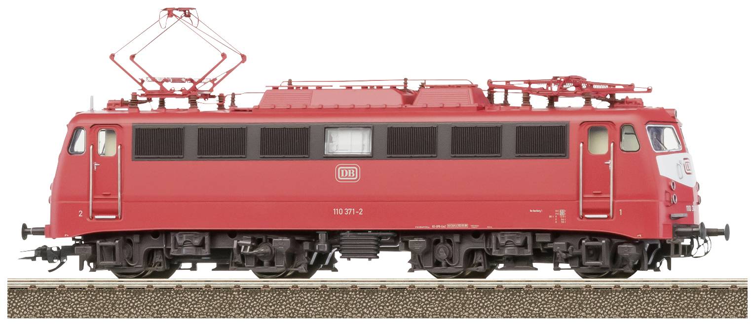 Crveni model električne lokomotive s DB logotipom na tračnicama, pogled sa strane.