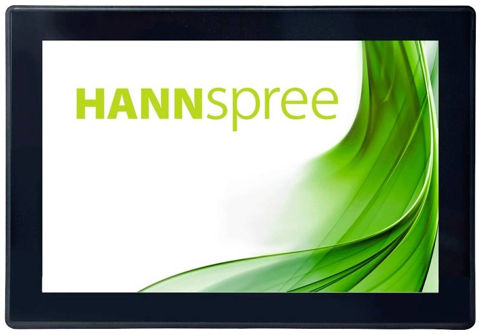 Crni okvir slike prikazuje logo 'HANNspree' na pozadini s zelenim, valovitim oblicima.