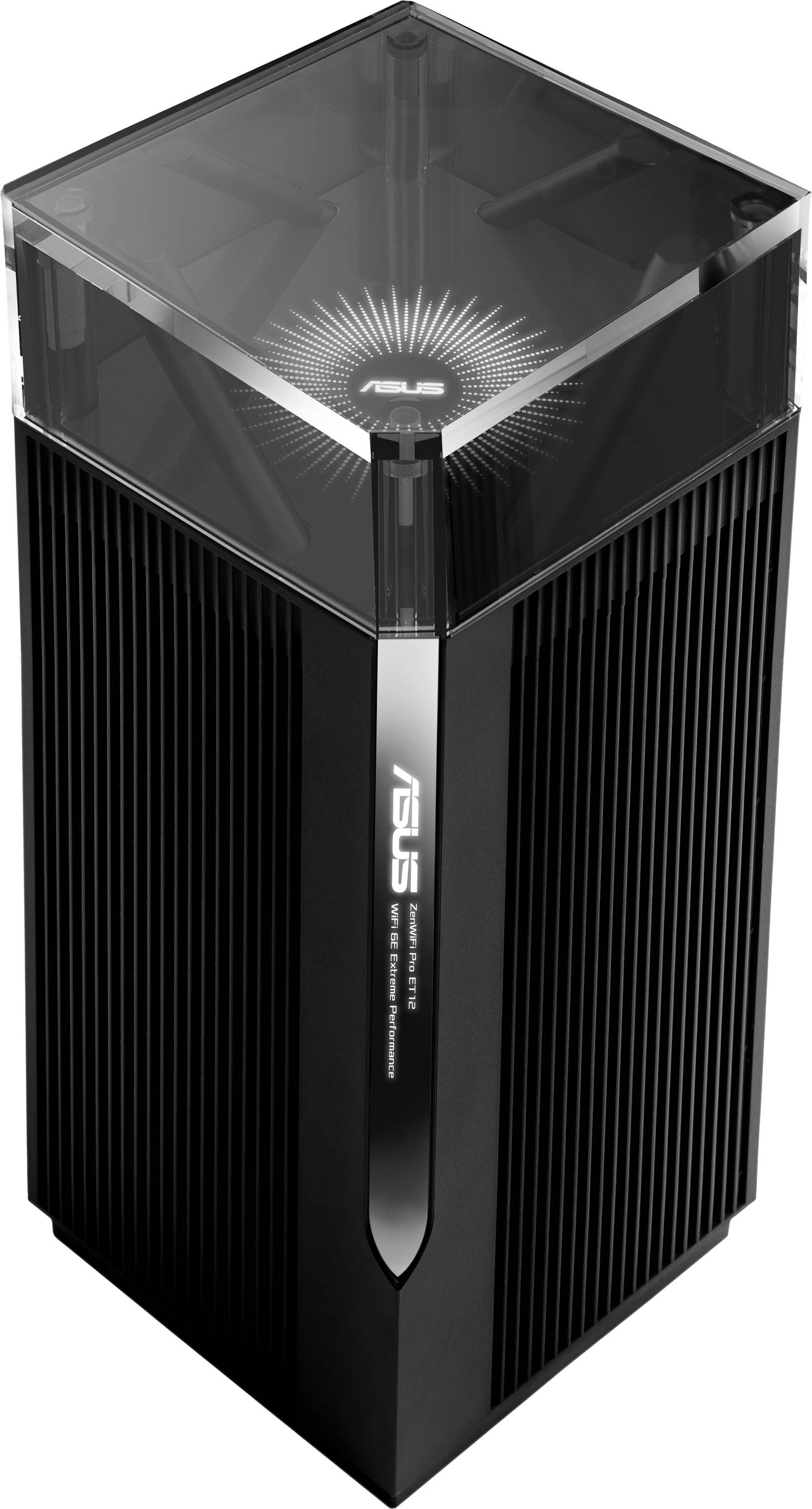 Crni ASUS Wi-Fi usmjerivač s vertikalnim ventilacijskim provjezima i prozirnim poklopcem, s prikazom jačine signala na prednjoj strani.