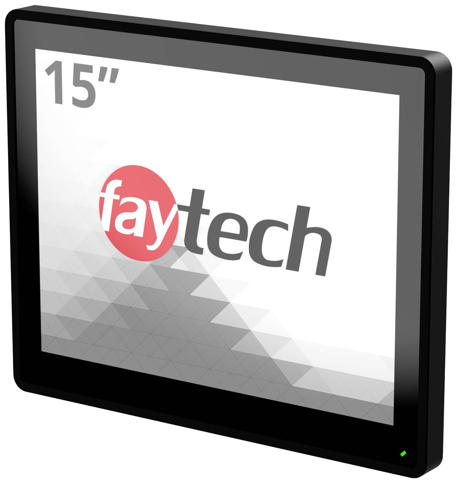 15-inčni zaslon tvrtke Faytech, s jednostavnim crnim okvirom i Faytech logotipom na zaslonu.