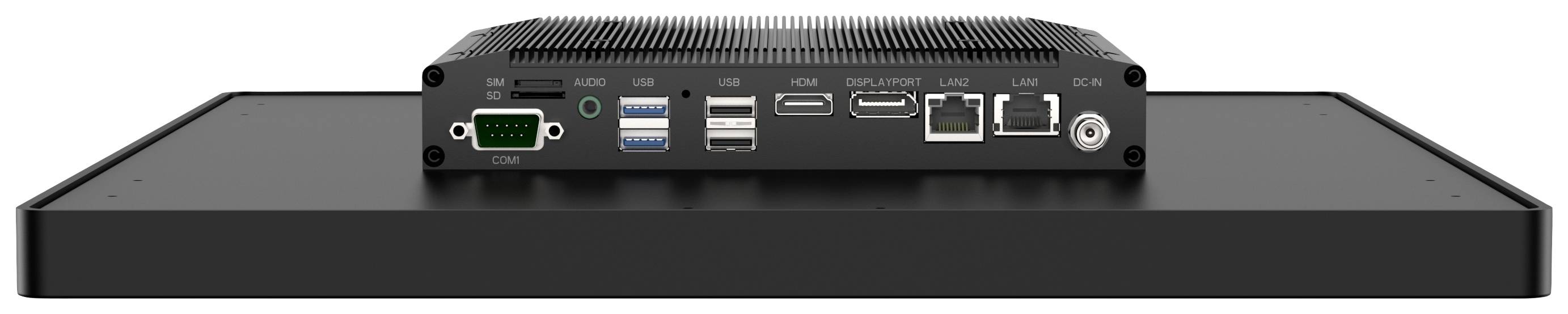 Industrijski računar s različitim priključcima na crnom kućištu, uključujući USB, HDMI i LAN, na crnom postolju.