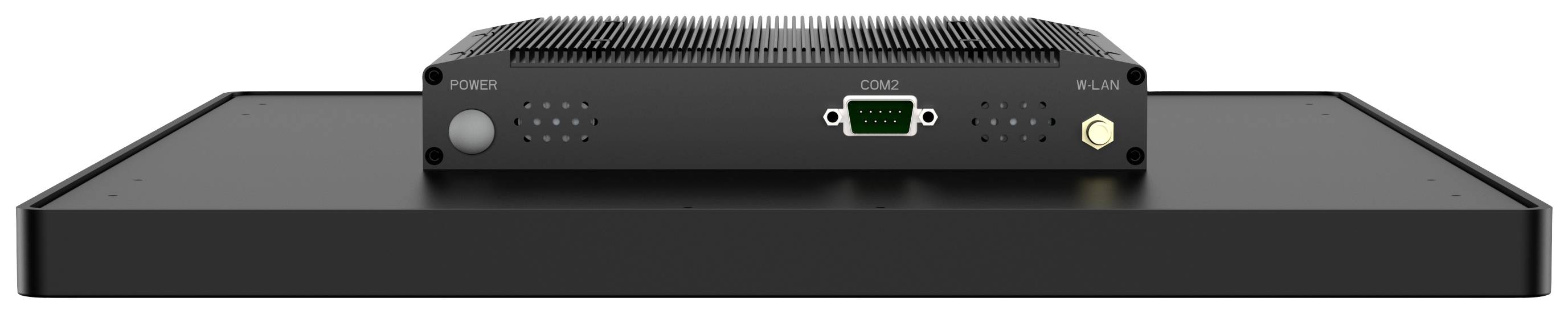 Crni elektronički uređaj s više priključaka leži na pravokutnom, ravnom uređaju.