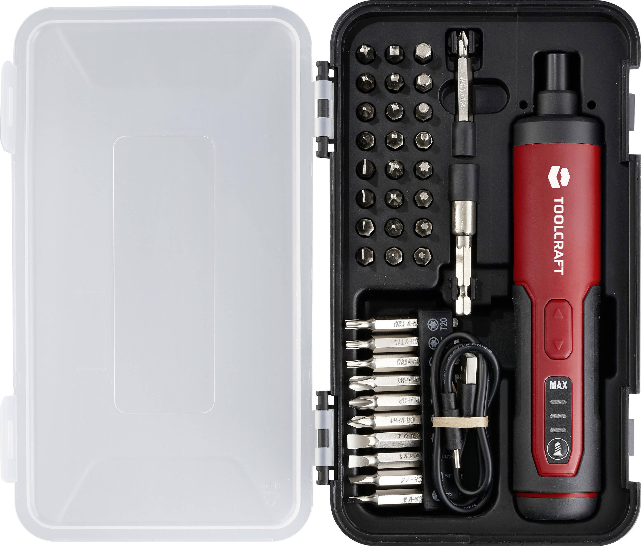 Električni set odvijača u otvorenom etuiju. Sadrži odvijače, bitove, adapter i punjivi kabel. Marke 'TOOLCRAFT'.