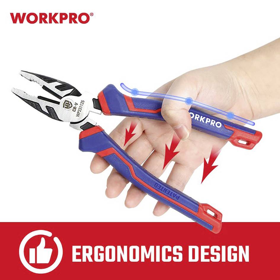 Jedna ruka drži ergonomsku kliješta s crvenom i plavom ručkom. Tekst prikazuje: 'ERGONOMSKI DIZAJN'. Naziv marke gore: WORKPRO.