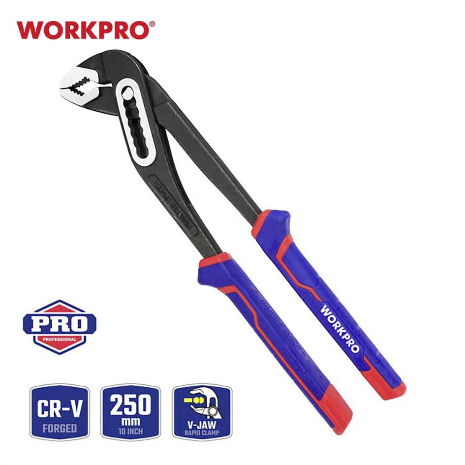 'WORKPRO' klješta za vodu, 250 mm, CR-V čelik, ergonomske ručke, V-oblikovane čeljusti za optimalan pritisak; pogodne za profesionalce.