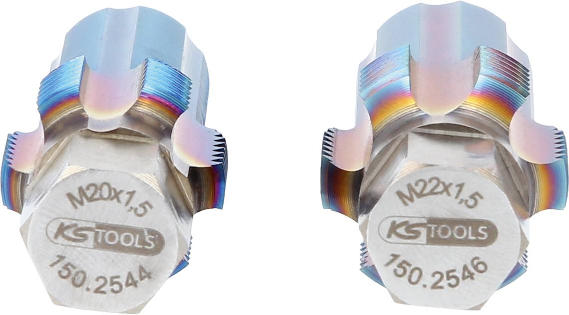 Dva metalna alata s gravurom 'KS Tools', 'M20x1,5' i 'M22x1,5' čini se da su namijenjeni uporabi u strojogradnji.