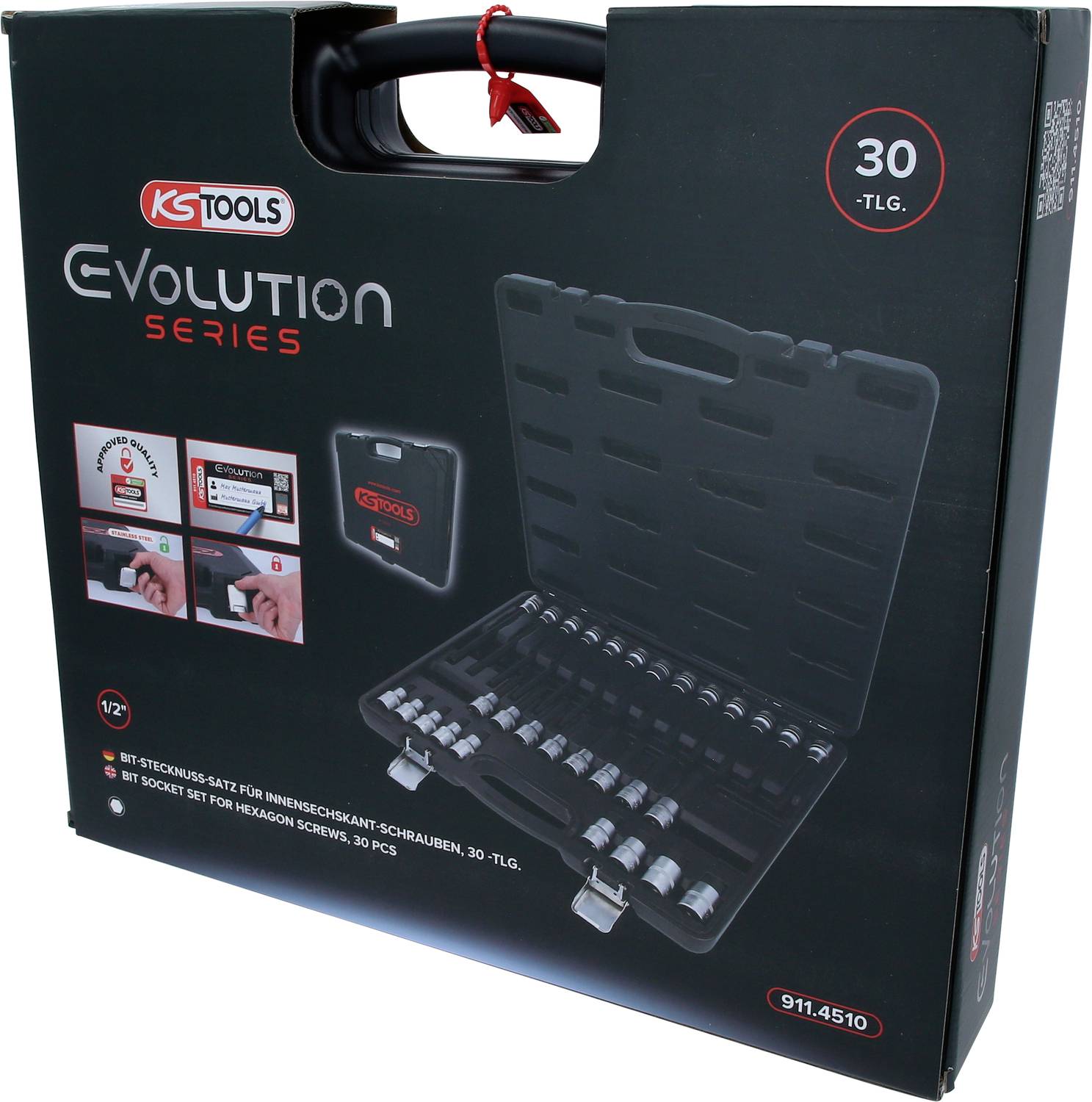 Kovčeg s komplekom nasadnih ključeva, 30-dijelni, prikazan. KS Tools Evolution serija. Sadrži različite veličine nasadnih ključeva.