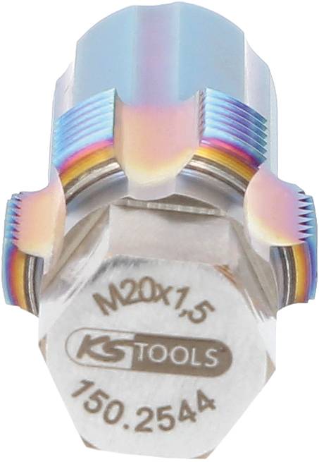 Šesterokutni bit s navojem 'M20x1.5', oznake 'KS Tools 150.2544', srebrne boje sa plavim i zlatnim odsjevima.