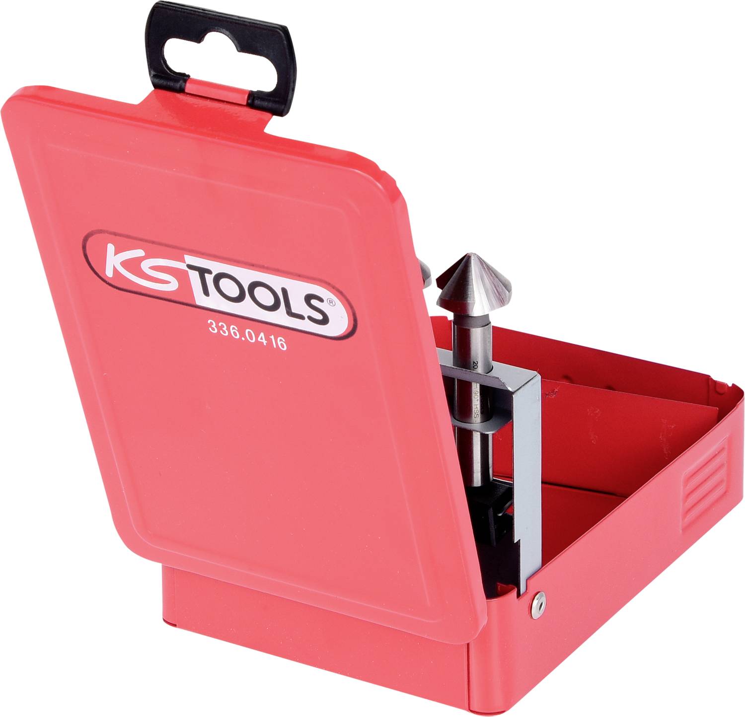 Crveni sustav za odstranjivanje rubova tvrtke KS Tools s otvorenim poklopcem, prikazuje upotrebu stožastog svrdla za skidanje rubova s cijevi.