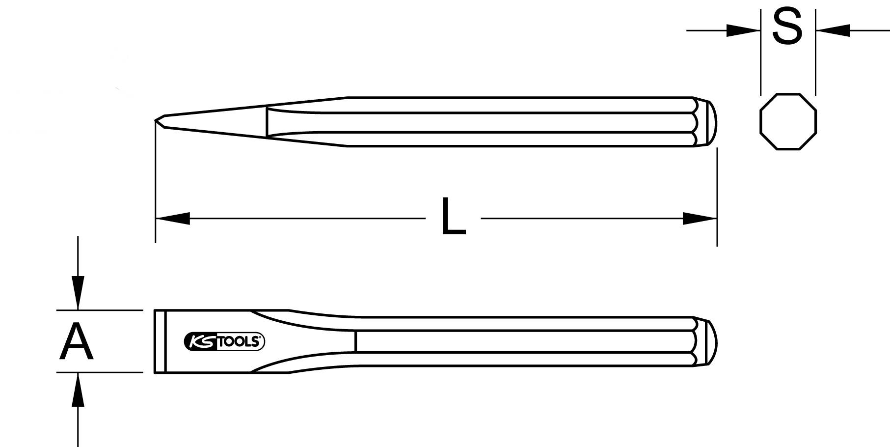 Crtež dleta s dimenzijama: Duljina (L), Poprečni presjek (S) i Širina (A). Označeno logotipom 'KS TOOLS'.