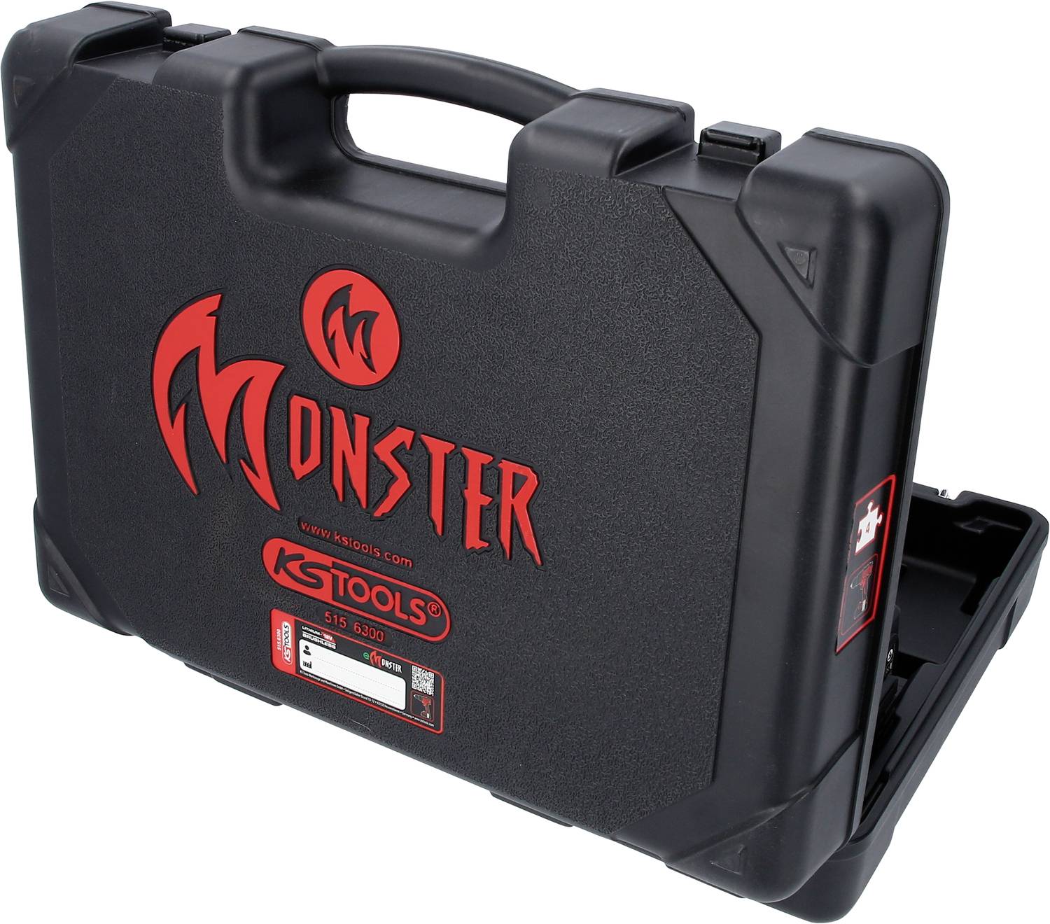 Crni kovčeg za alate s crvenim 'Monster' logotipom i KS Tools natpisom; robusna izrada; namijenjen za pohranu alata.