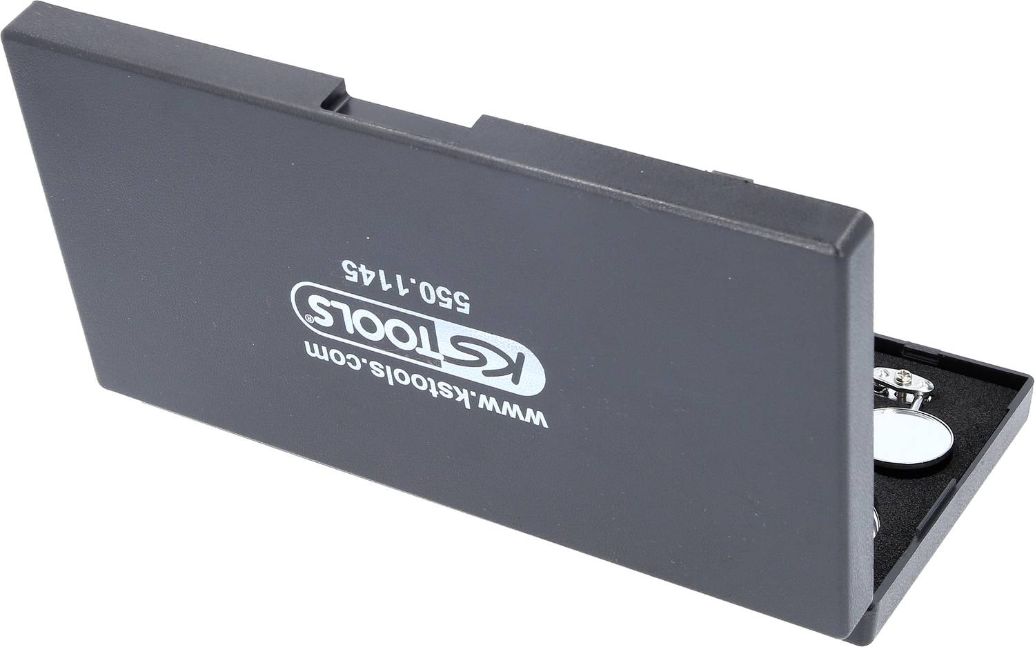 Crna KSTools futrola za naočale s djelomično otvorenom kopčom za zatvaranje.