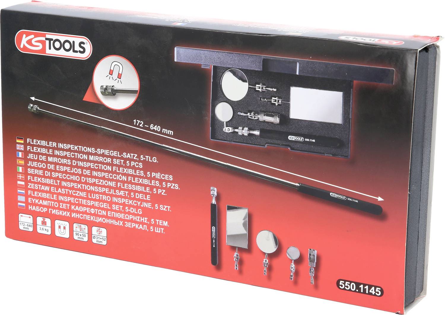 KS Tools set ogledala za pregled, 5-dijelni. Prikazuje ogledala različitih veličina i izvedbi u kompletu. Pakiranje prikazuje detalje.