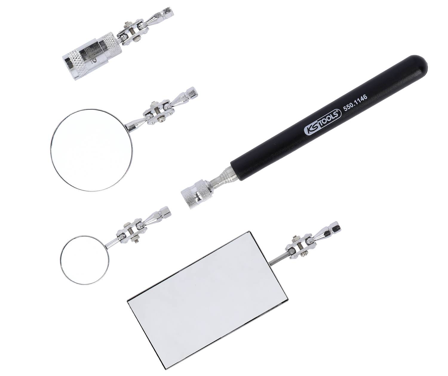 Set alata s više inspkcijskih ogledala i nosača, pogodan za pregled teško pristupačnih mjesta.