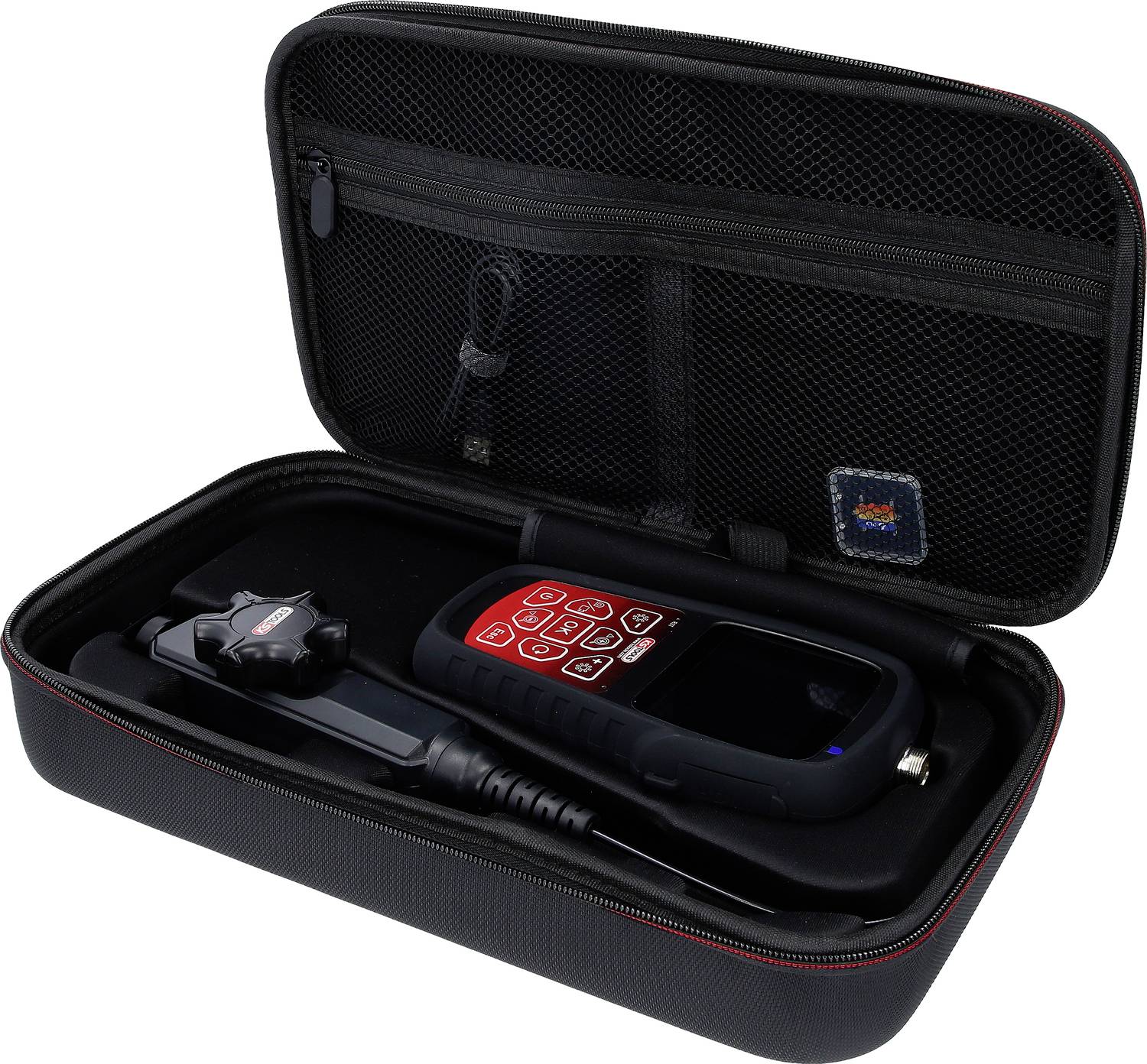 Torba za nošenje s elektroničkim uređajem i priborom, vjerojatno dijagnostičkim alatom, sigurno smještena u pjenastom ležištu.