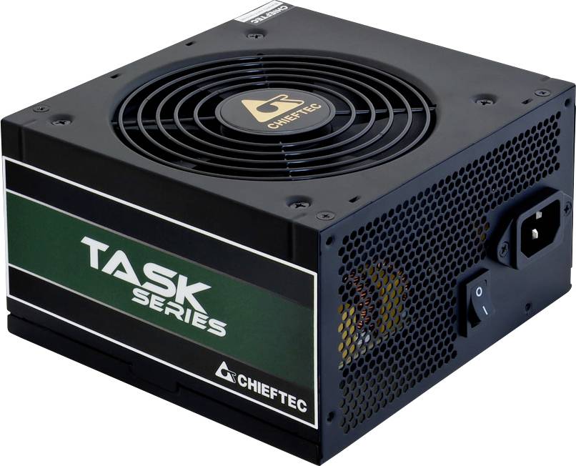 Crni napajanje marke Chieftec, model "Task Series", s ventilatorom na vrhu i priključcima sa strane.